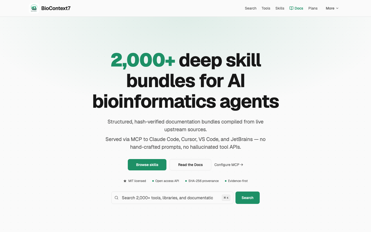 biocontext7.com — 2,000+ deep skill bundles for AI bioinformatics agents